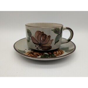 Vtg Stoneware Mug Korea Chili Chowder Soup Cracker Plate Saucer Orange Flower